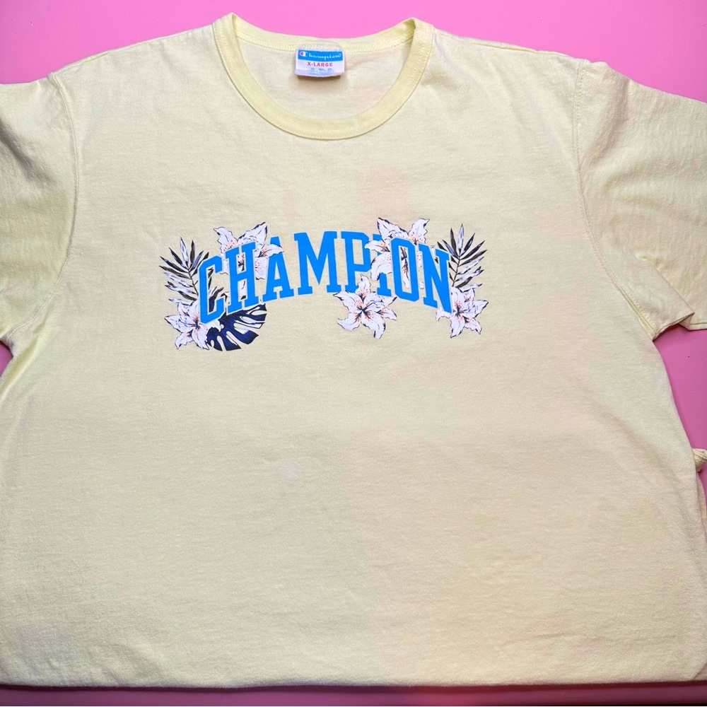 Vintage Pale Yellow & Blue Tropical Surfer Champion Tee T Shirt